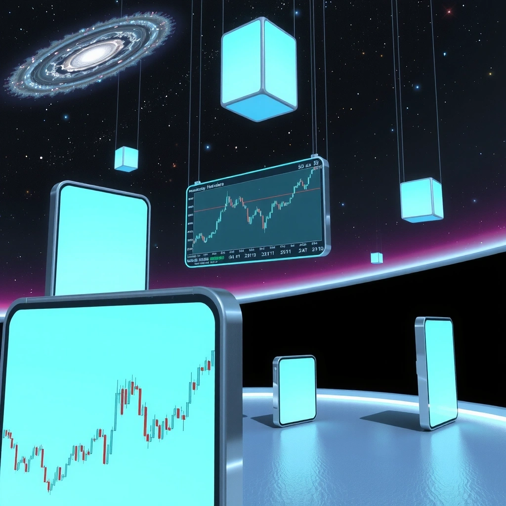 Trading game interface showing cosmic charts and analytics