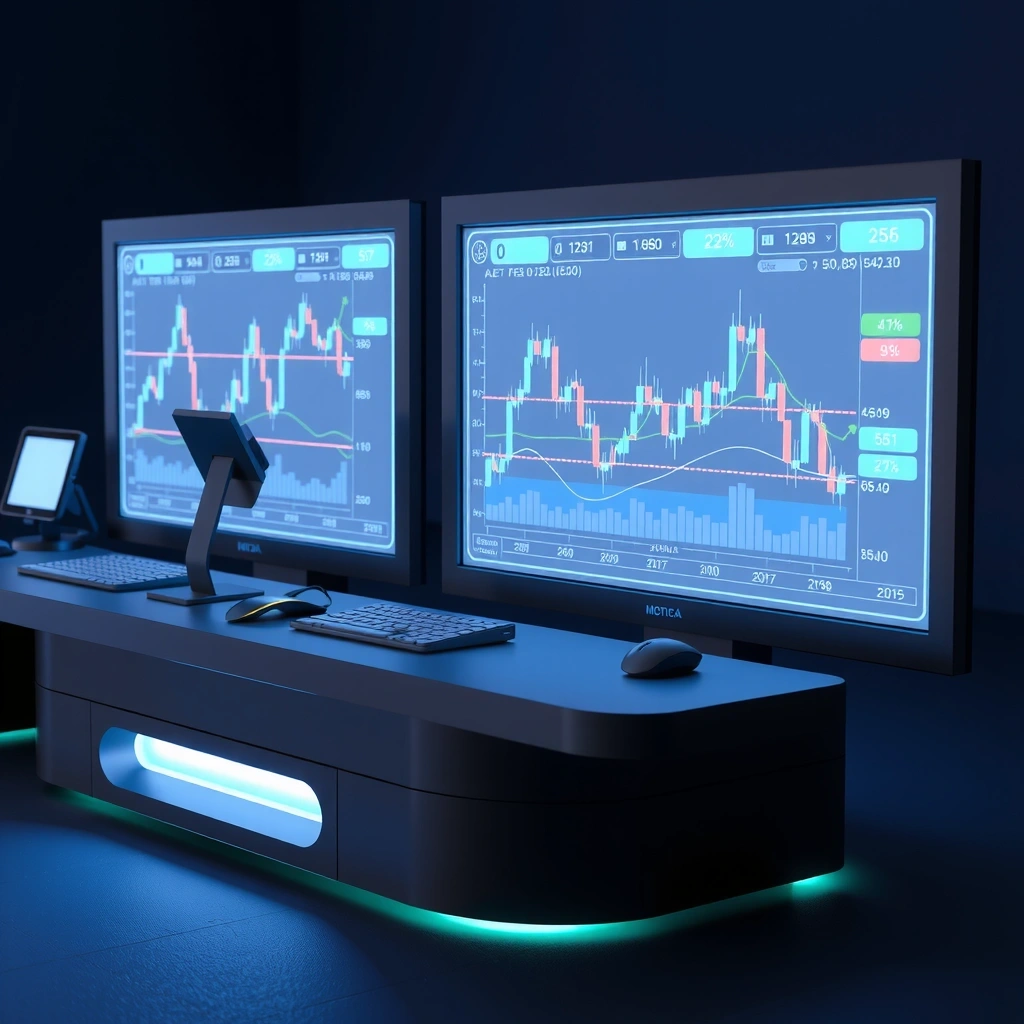 Abstract game interface showing trading charts